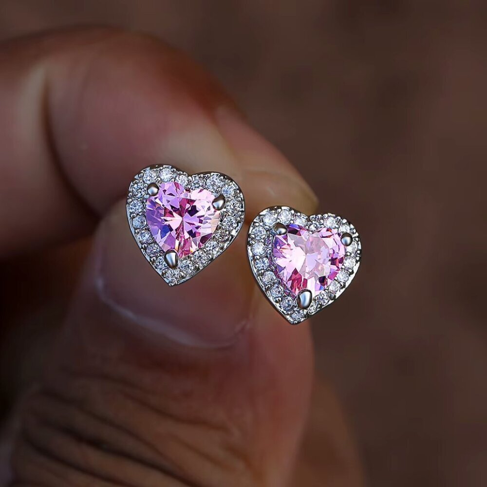 NEW 14k White Gold Pink Sapphire Diamond Earrings Heart Stud Earrings
